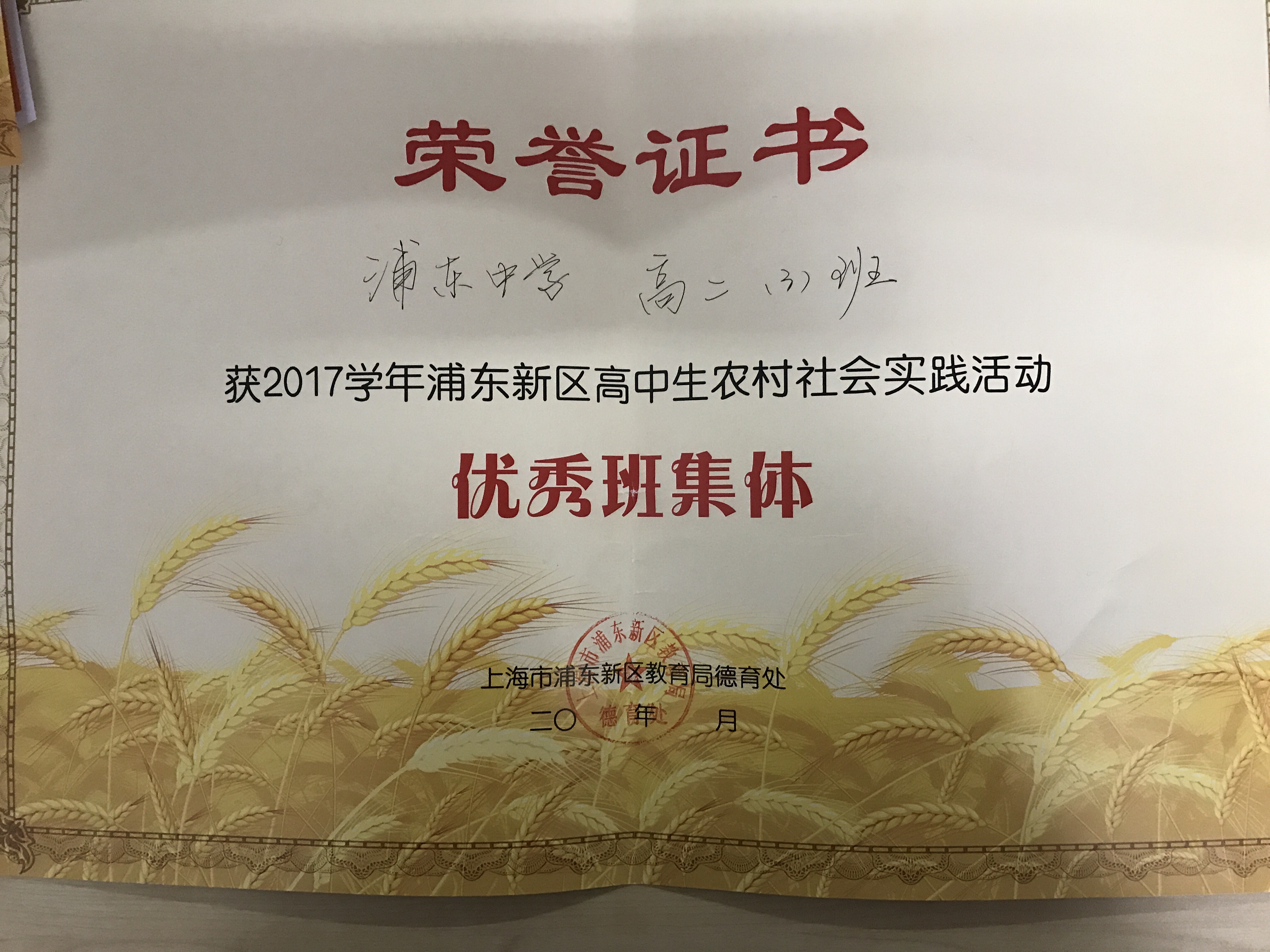 高二(3)班 2017学年浦东新区高中生农村社会实践活动优秀班集体.jpg